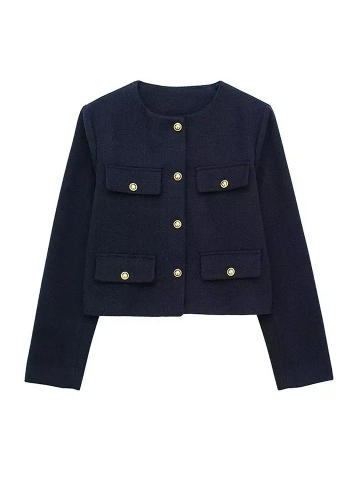 Black elegant textured cropped button-up jacket for women, a versatile layering piece.