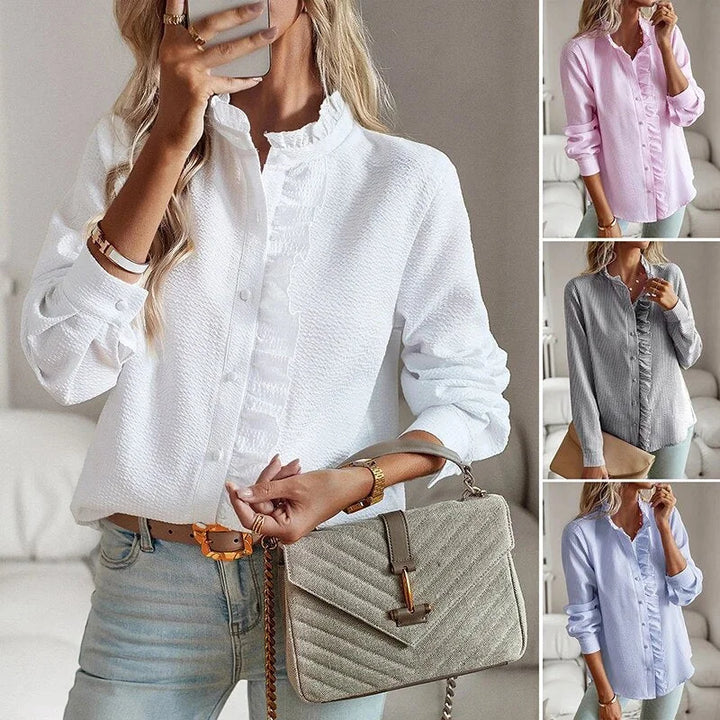 Comfortable & chic women's textured striped blouse with an elegant ruffled collar & long sleeves. Everyday fashion.