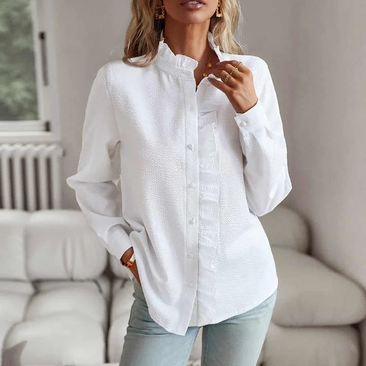 Versatile women's textured blouse with elegant stripes & a charming ruffled collar. Great for work or casual.