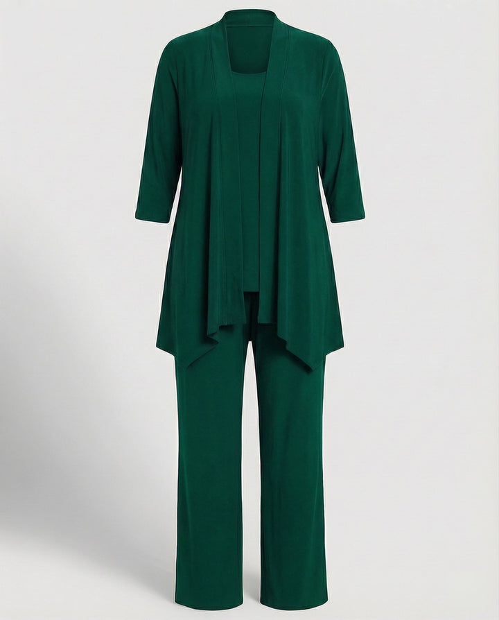 Formal women's three-piece pantsuit, complete with elegant blazer, vest, and pants for business attire.