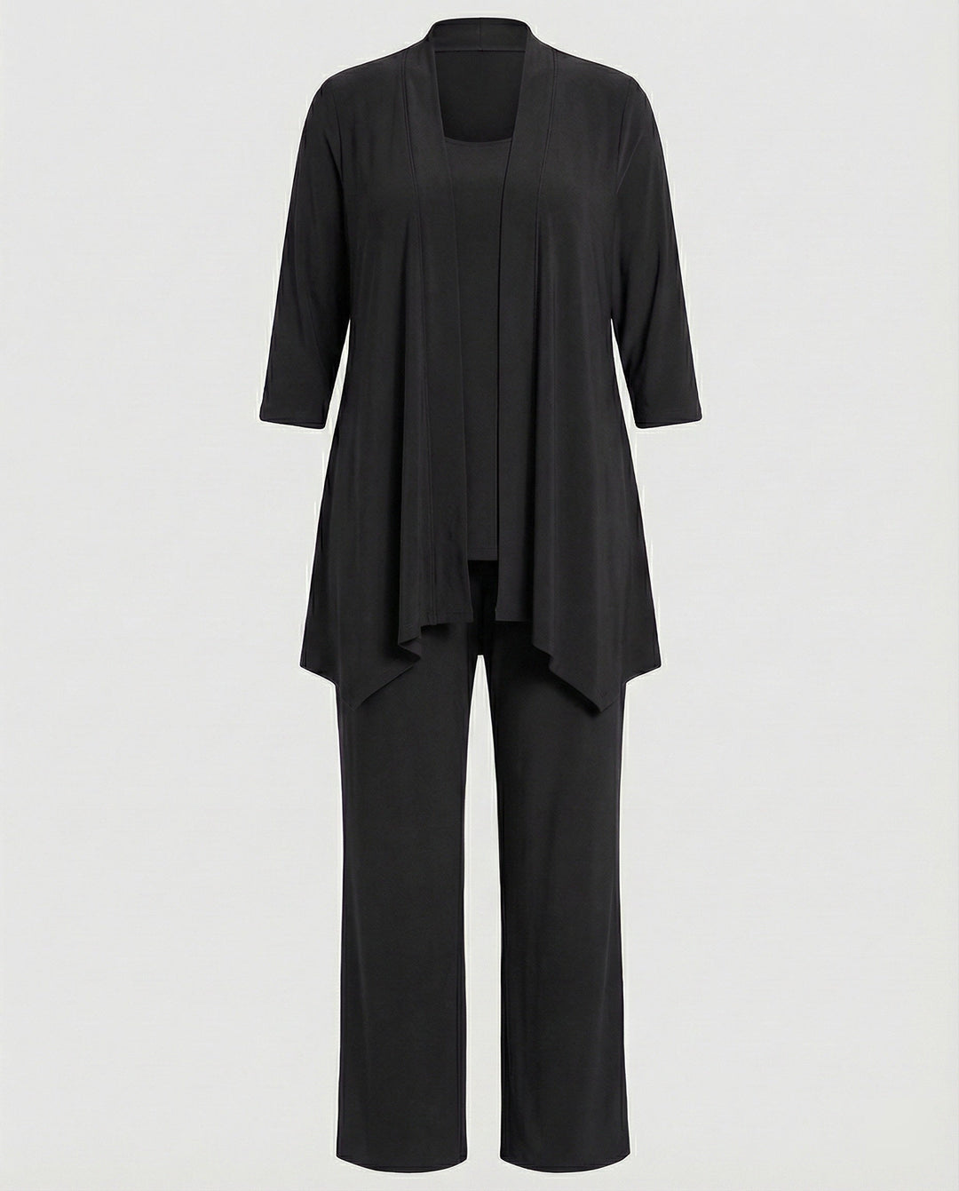 Well-tailored women's elegant three-piece pantsuit, offering a sophisticated & professional silhouette.