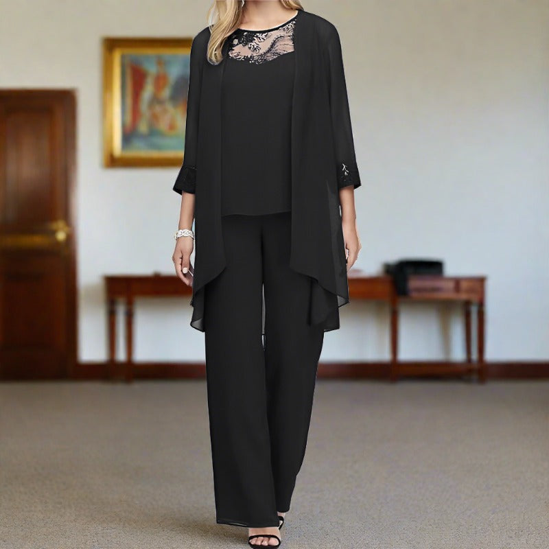 Versatile women's elegant three-piece outfit. Loose fit for comfort, ideal for chic special occasion wear.