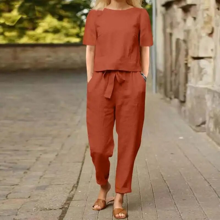Complete women's summer outfit: elegant two-piece set with a comfortable, stylish tie-waist.