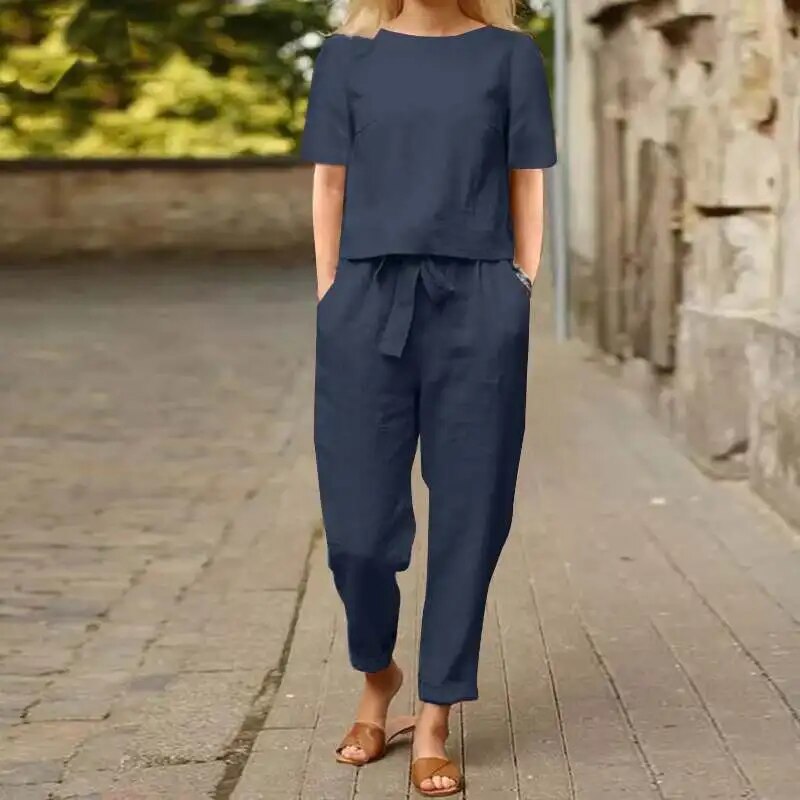 Women's elegant tie-waist two-piece set for summer. A relaxed fit, versatile, and stylish outfit.