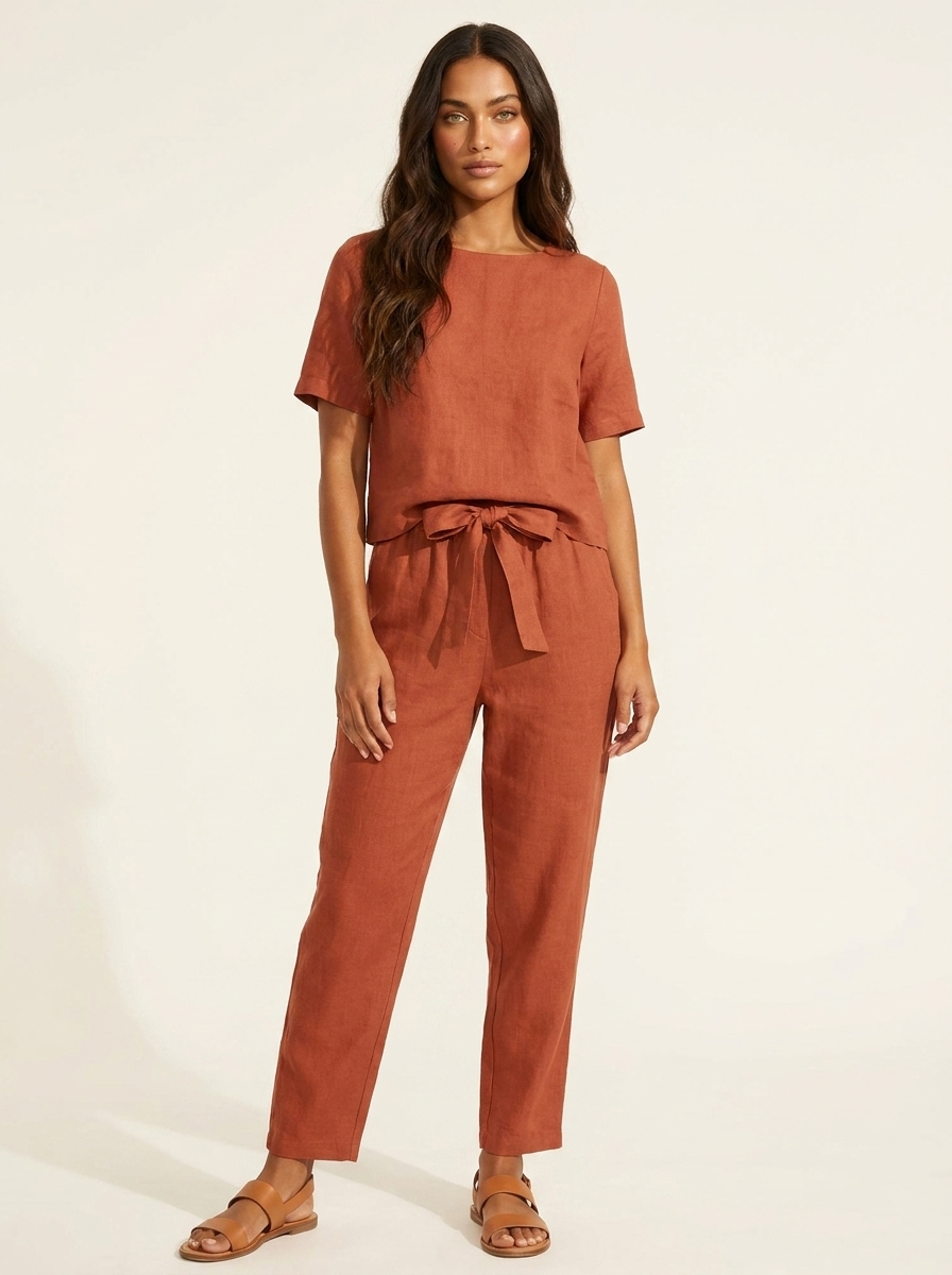Breezy women's summer outfit: an elegant two-piece set with a flattering tie-waist for relaxed fashion.