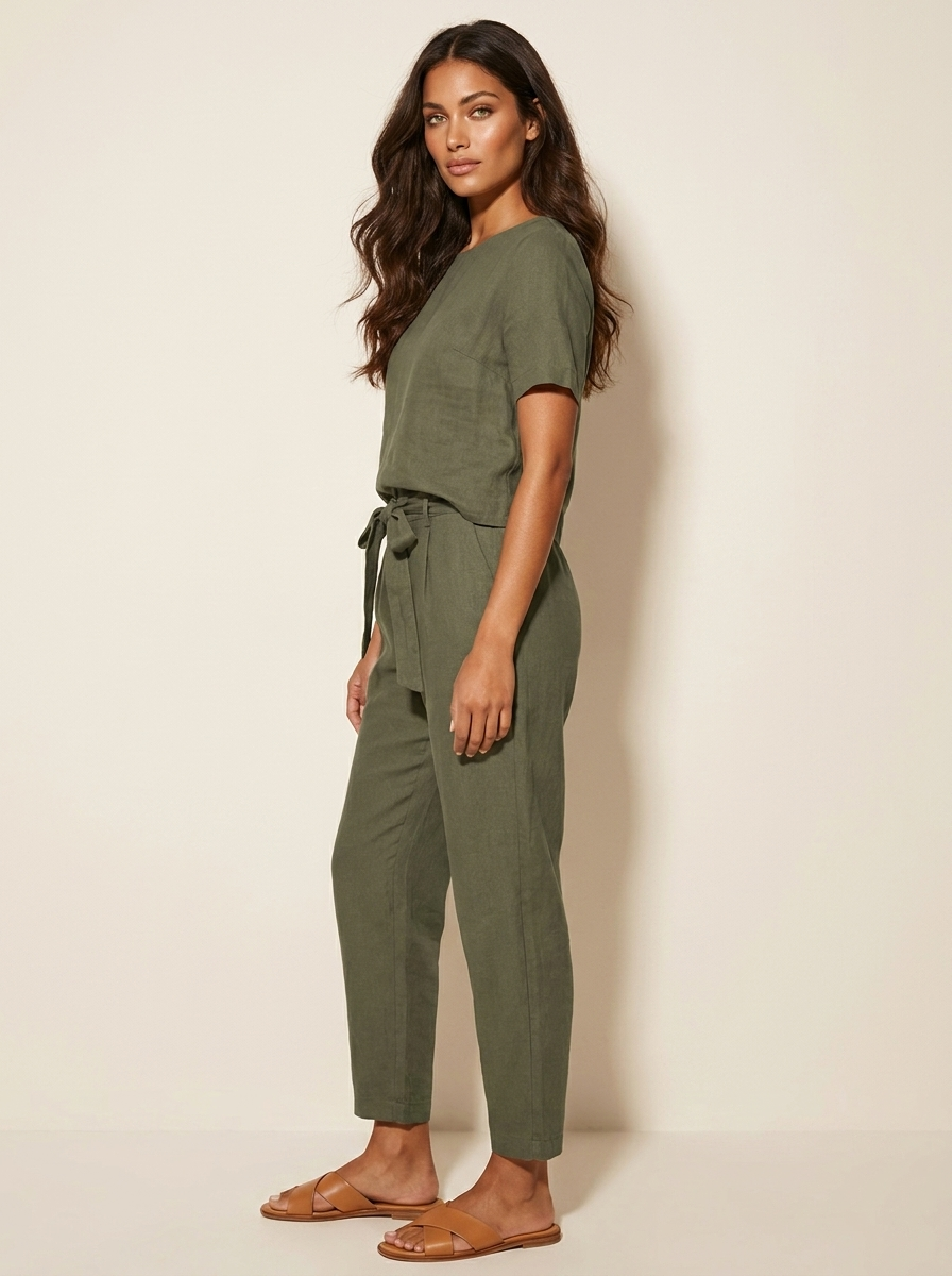 Casual elegant women's two-piece summer set with a tie-waist. A coordinated outfit for spring fashion.