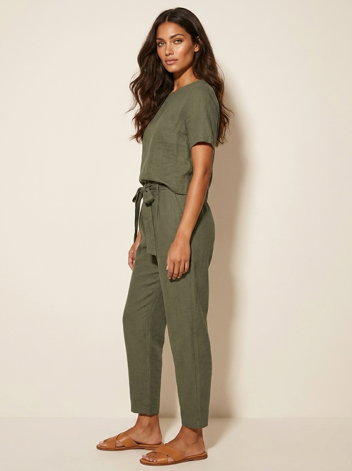 Casual elegant women's two-piece summer set with a tie-waist. A coordinated outfit for spring fashion.