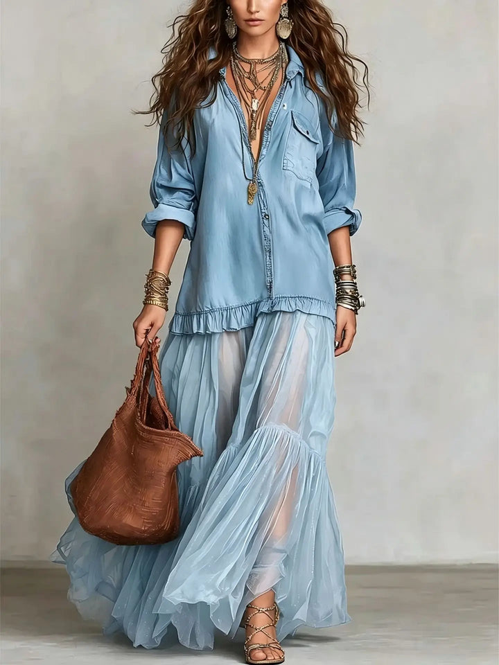 Flowy casual long dress for women, featuring elegant tiers, practical pockets, and stylish button details.