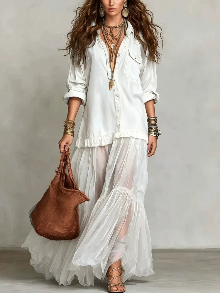 Versatile women's button-down tiered maxi dress. Perfect as elegant casual wear or comfortable work attire.