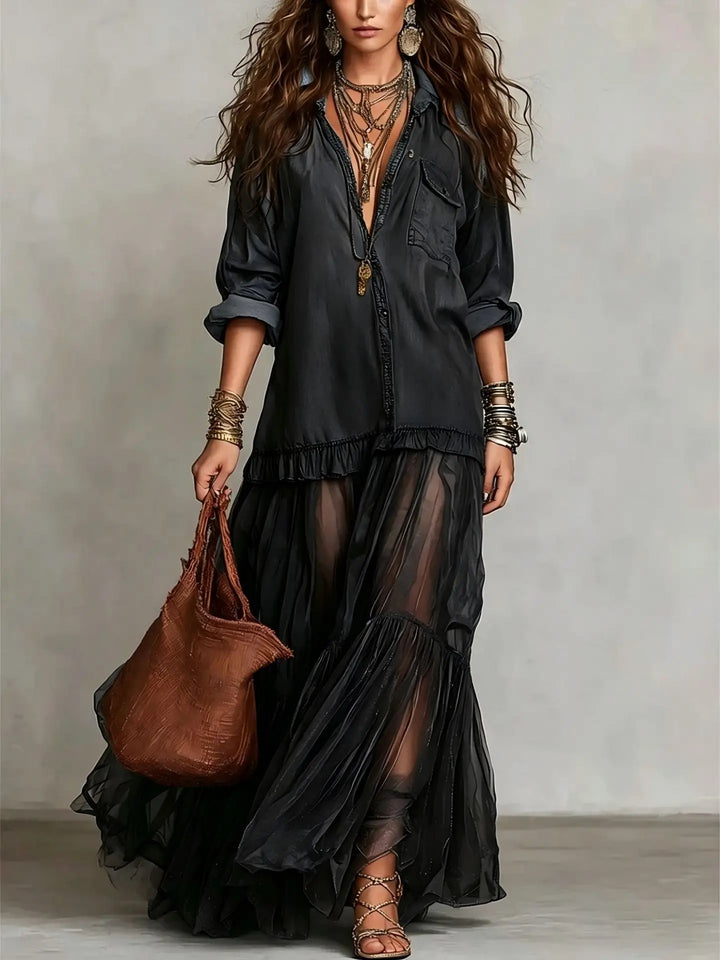 Women's long tiered dress with a classic collar, full button front, and spacious, convenient deep pockets.