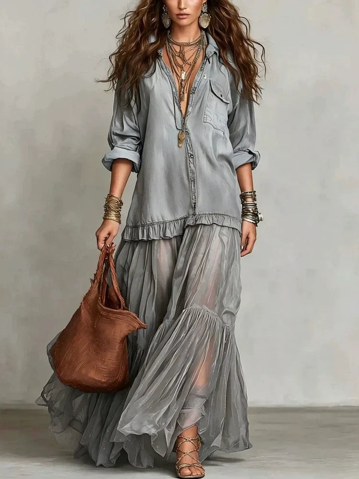 Graceful women's flowy tiered maxi dress, complete with elegant buttons, a sophisticated collar, and useful pockets.