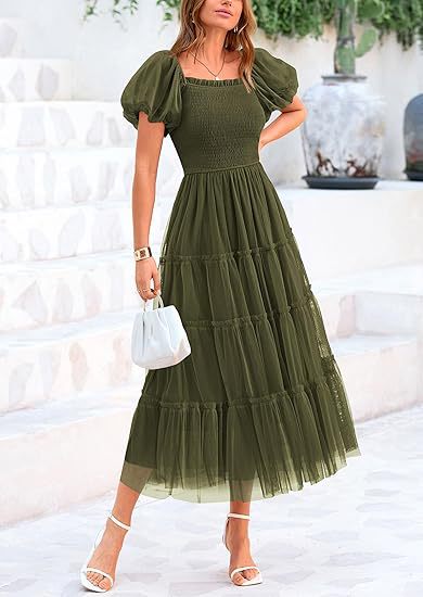 Elegant women's tiered maxi dress with puff sleeves, perfect for wedding guests & formal occasions.