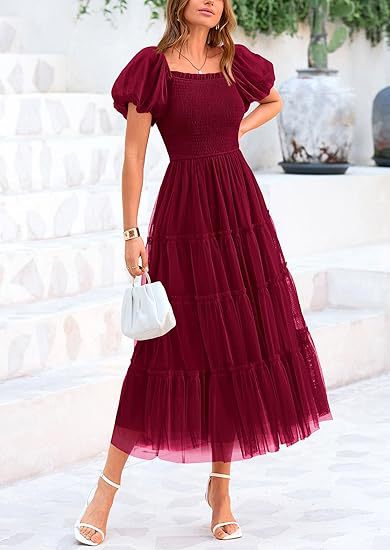 Versatile elegant tiered maxi dress with puff sleeves. Women's formal wear for weddings, parties & special events.