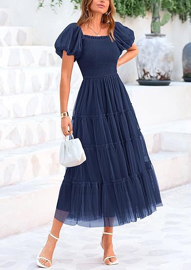 Smocked bodice tiered maxi dress with puff sleeves. Chic formal long dress for parties & summer events.