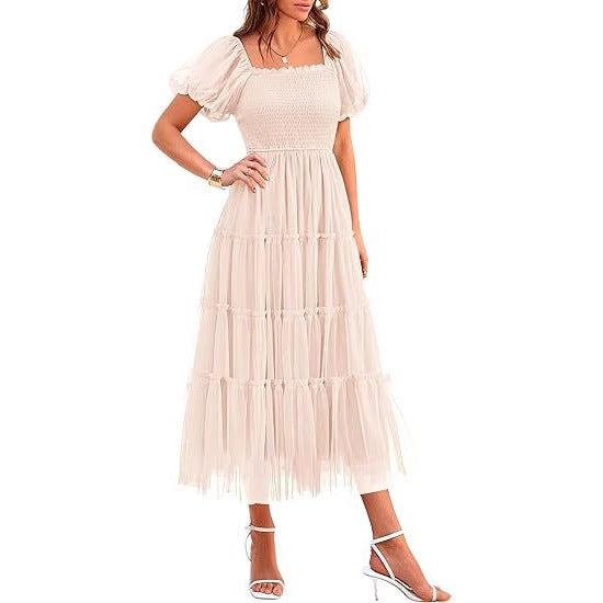 Elegant women's tiered maxi cocktail dress with puff sleeves. Perfect for parties, summer & formal events.