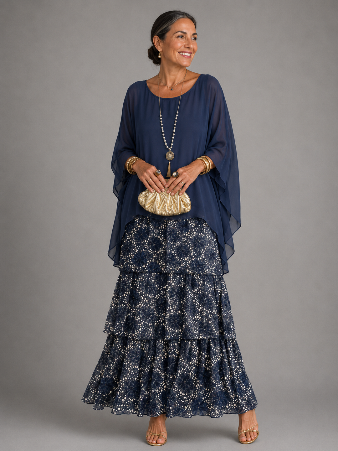 Relaxed fit women's batwing sleeve maxi dress, elegant tiered ruffles, ideal for summer casual.