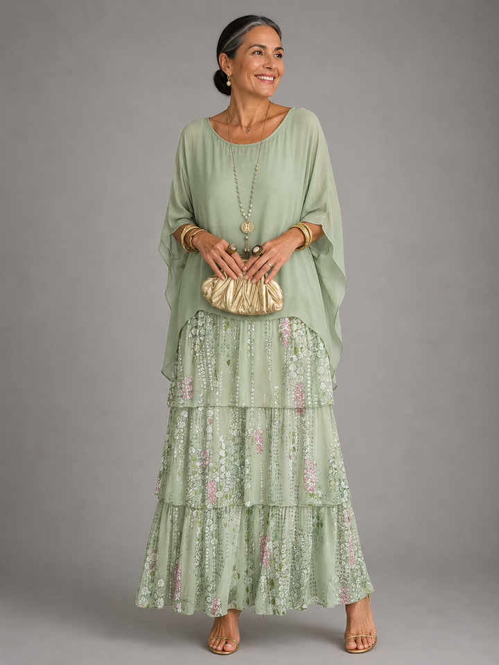 Women's party maxi dress, tiered ruffles, batwing sleeves, elegant design, and flowy silhouette.