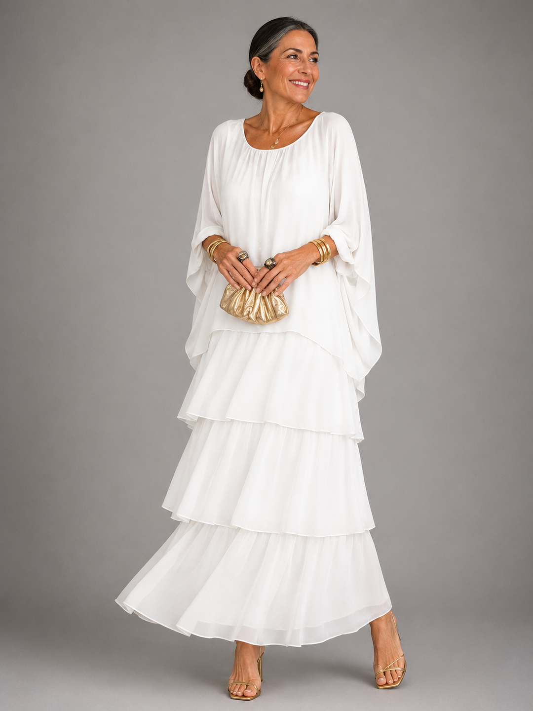 Round neck women's tiered ruffle maxi dress, loose fit batwing sleeves, great for elegant events.