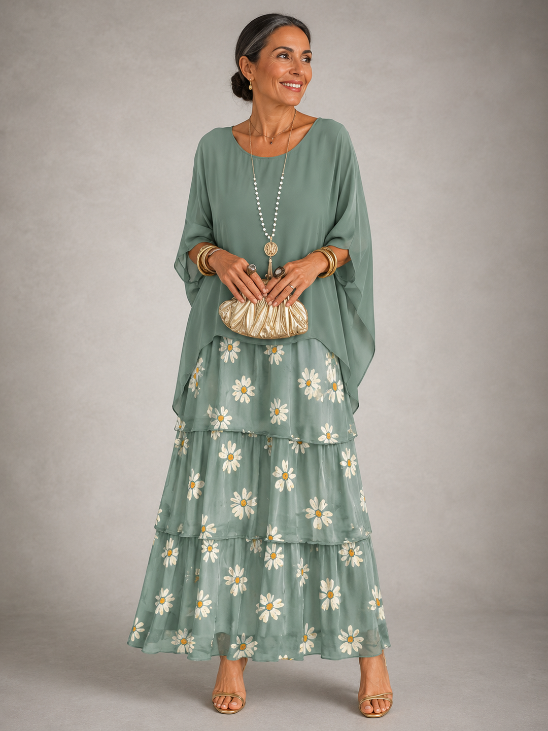 Summer-ready women's flowy tiered maxi dress with batwing sleeves, elegant & loose fit.