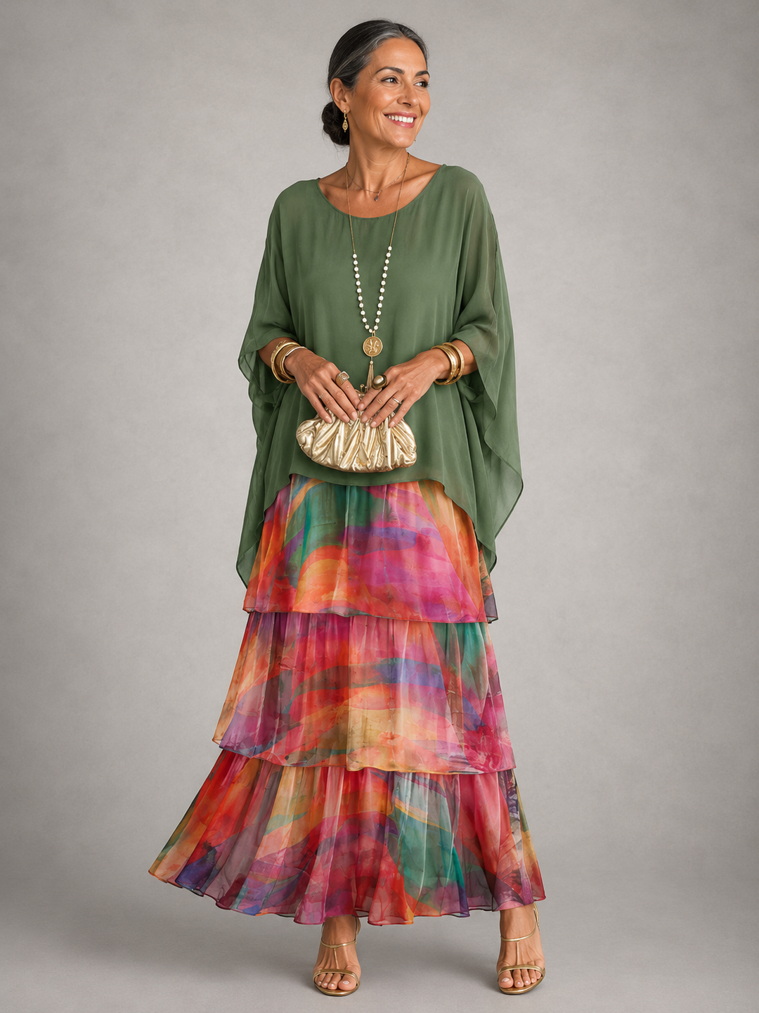 Chic women's tiered ruffle maxi dress, batwing sleeves, round neck, perfect for casual or party.
