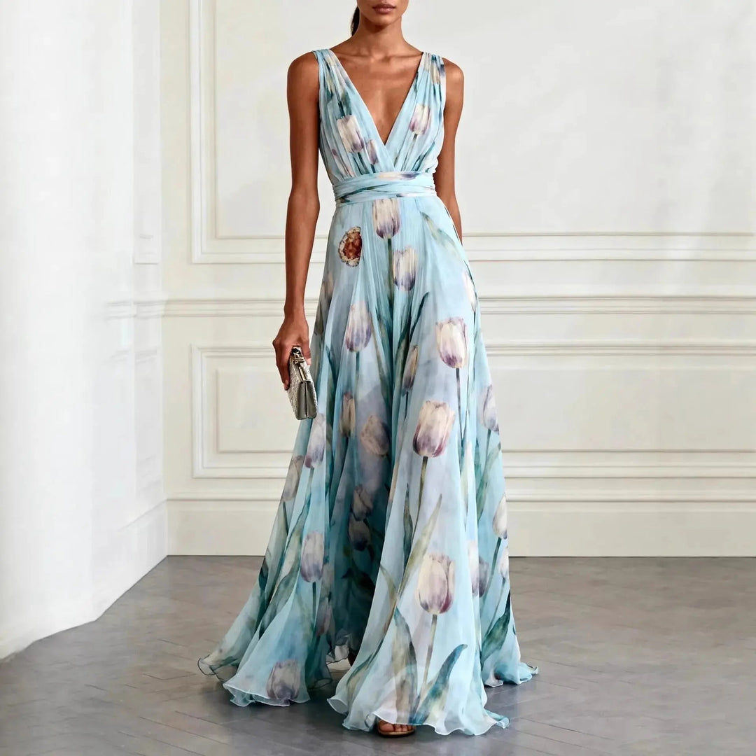 Elegant women's tulip print maxi wrap dress with V-neck, flowing fabric. Perfect formal occasion wear or wedding guest attire.