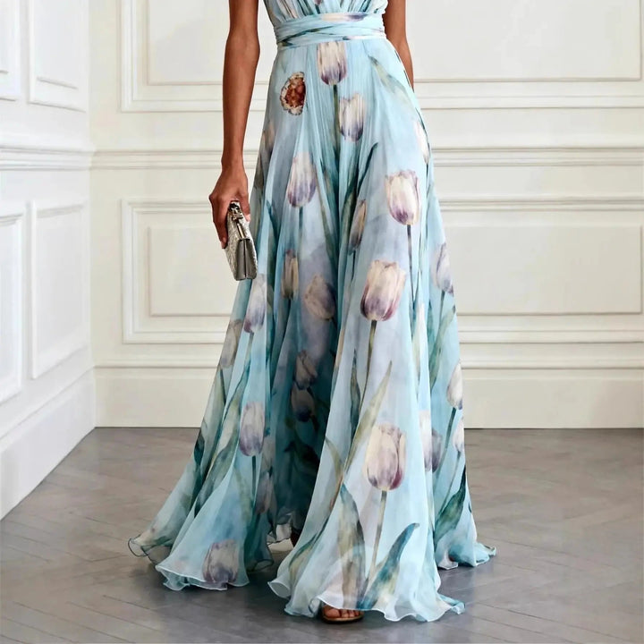 Stylish women's floral wrap maxi dress, V-neck, tulip print. Ideal for garden parties, holiday wear, or special occasions.