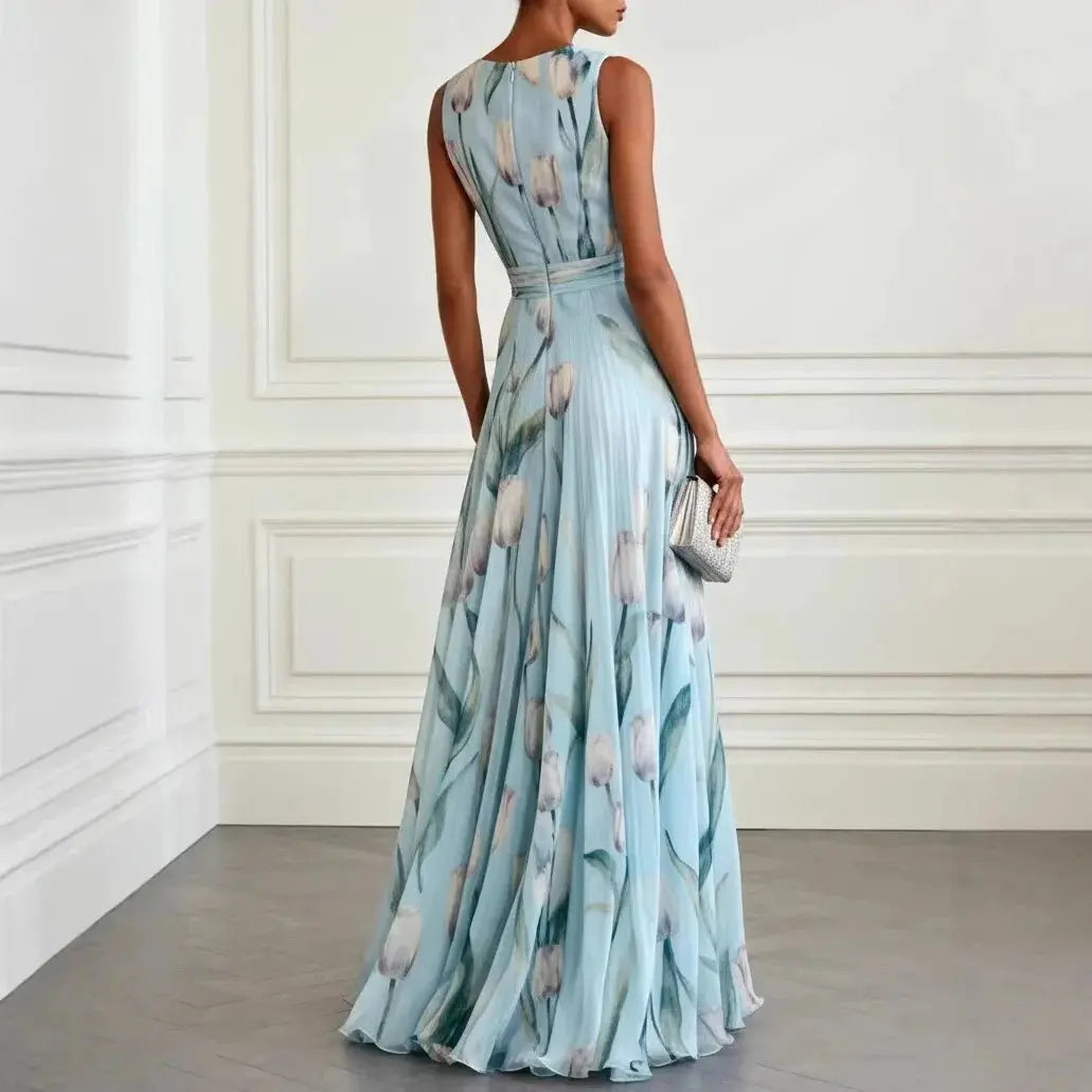 Flowing women's long dress, vibrant tulip print. Flattering wrap style V-neck maxi. Elegant for formal events & garden parties.
