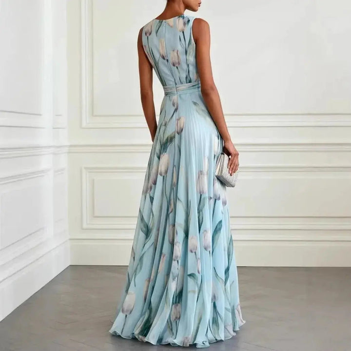 Flowing women's long dress, vibrant tulip print. Flattering wrap style V-neck maxi. Elegant for formal events & garden parties.
