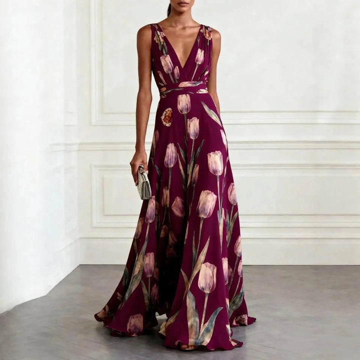 Women's elegant V-neck maxi dress with tulip print, a stunning floral long dress. Ideal for formal occasion wear or parties.