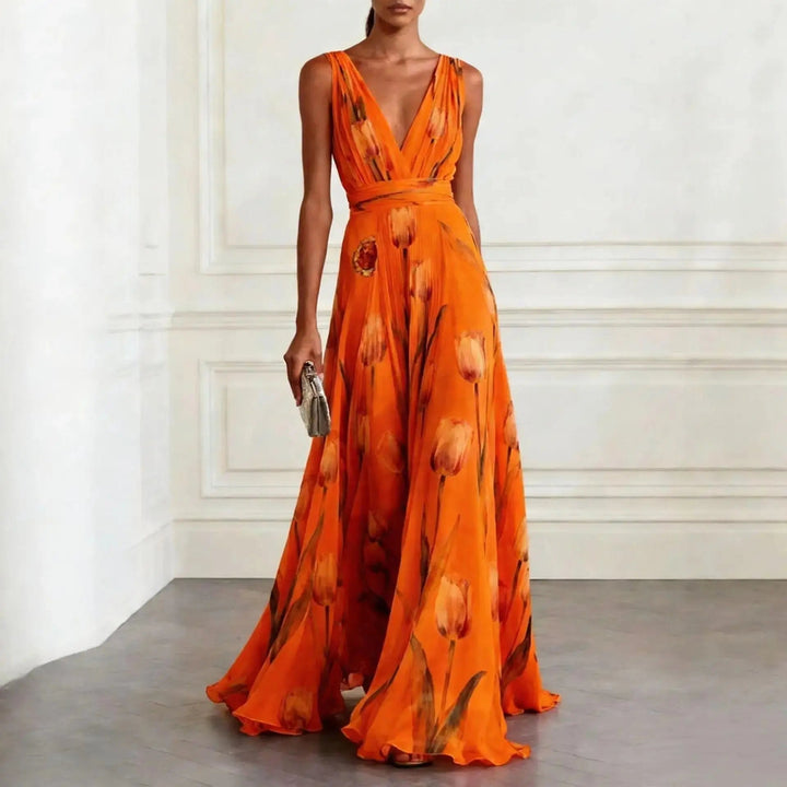 Fashionable women's floral wrap dress with elegant tulip print & V-neck. A beautiful long dress for various events & holidays.