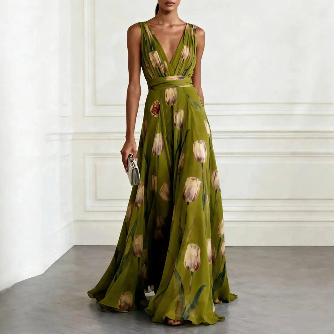 Women's elegant tulip print V-neck maxi wrap dress. Flowing formal occasion wear. Perfect for wedding guests or holidays.