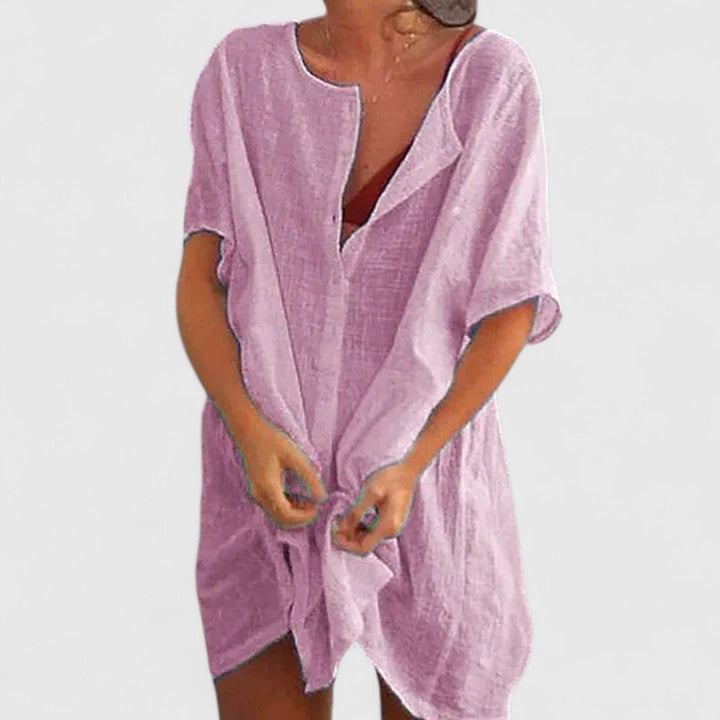 Relaxed fit midi tunic dress for women, ideal for effortless summer style & vacation comfort.