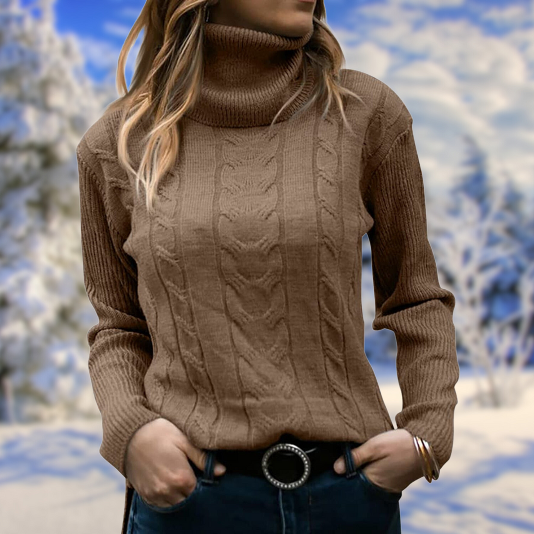 Cozy women's long sleeve fitted turtleneck sweater, a perfect warm top for elegant winter outfits.