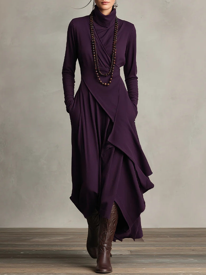 Elegant women's turtleneck long sleeve asymmetric maxi dress, perfect for autumn & winter parties.
