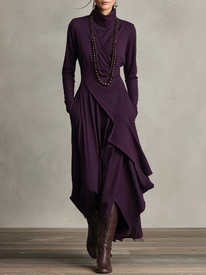 Elegant women's turtleneck long sleeve asymmetric maxi dress, perfect for autumn & winter parties.