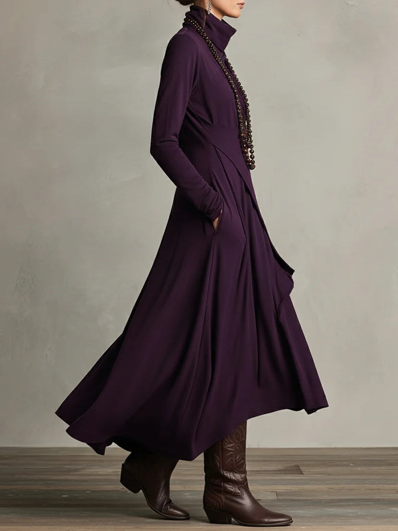 Comfortable women's asymmetric maxi dress featuring a turtleneck & long sleeves for autumn winter fashion.