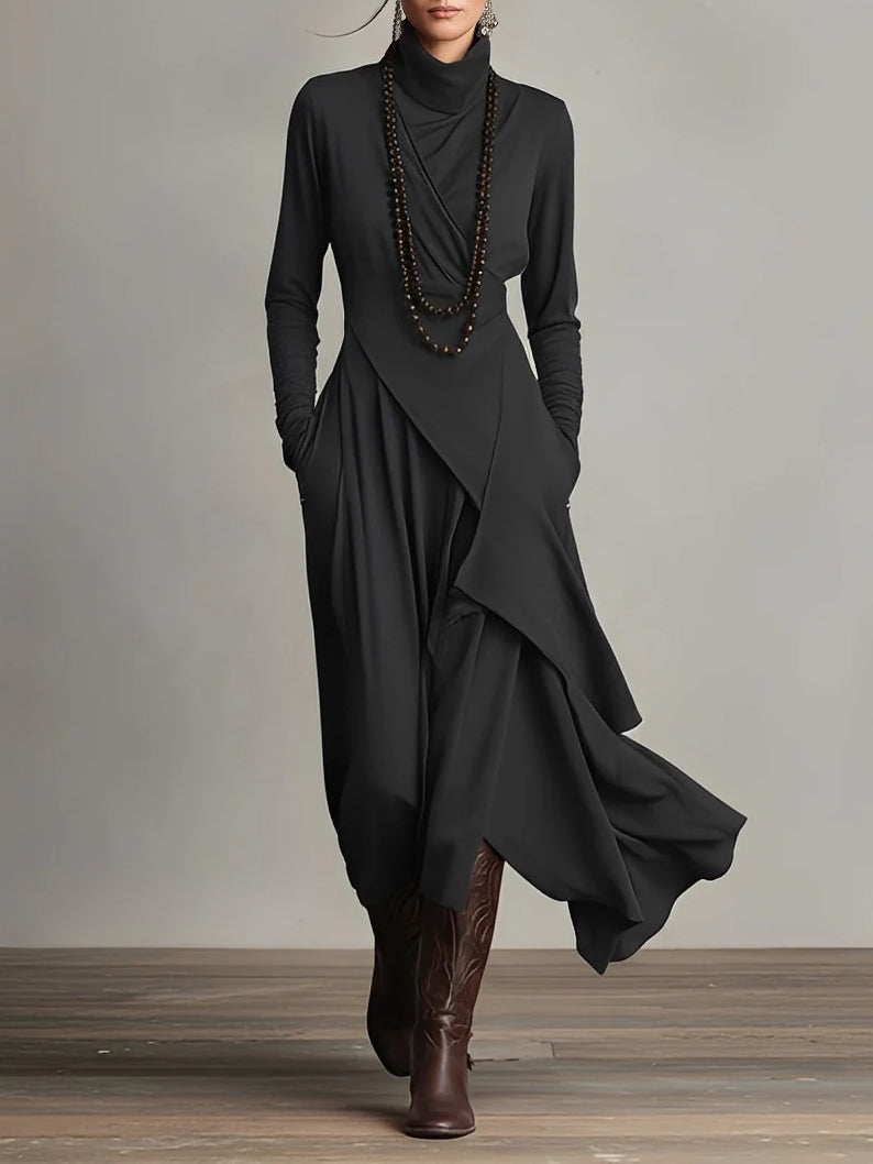 Modest women's elegant turtleneck long sleeve flowy maxi dress, perfect for stylish winter occasions.
