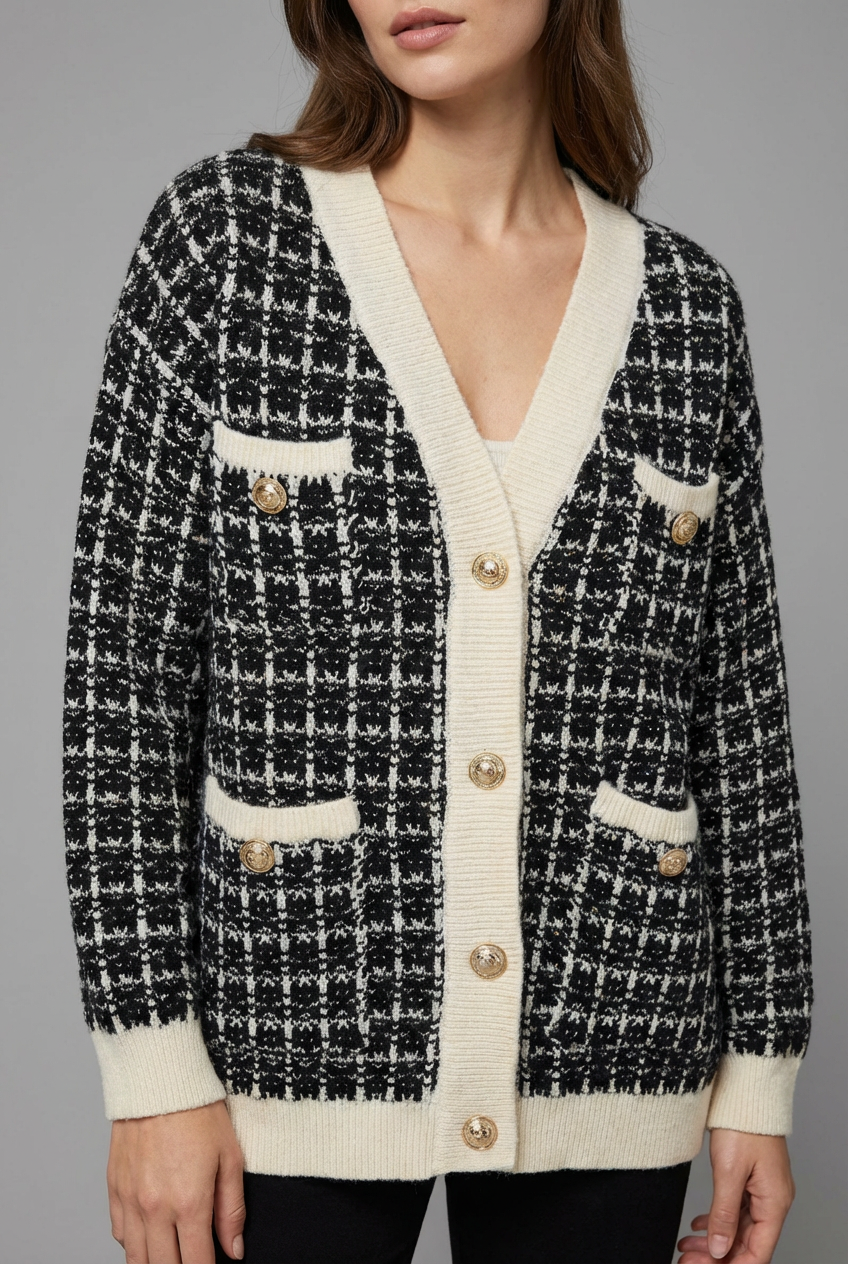 Elegant women's tweed cardigan with striking gold buttons & v-neck for chic autumn & winter layering.