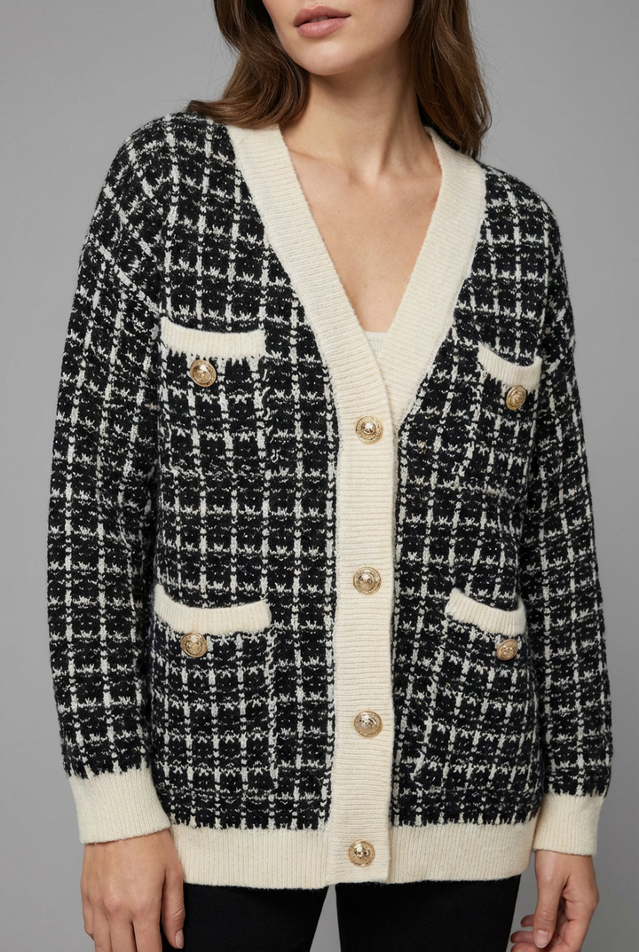 Elegant women's tweed cardigan with striking gold buttons & v-neck for chic autumn & winter layering.