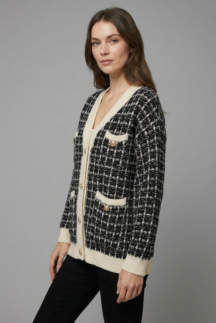 Sophisticated women's tweed knit cardigan, perfect for elegant layering with shimmering gold buttons.