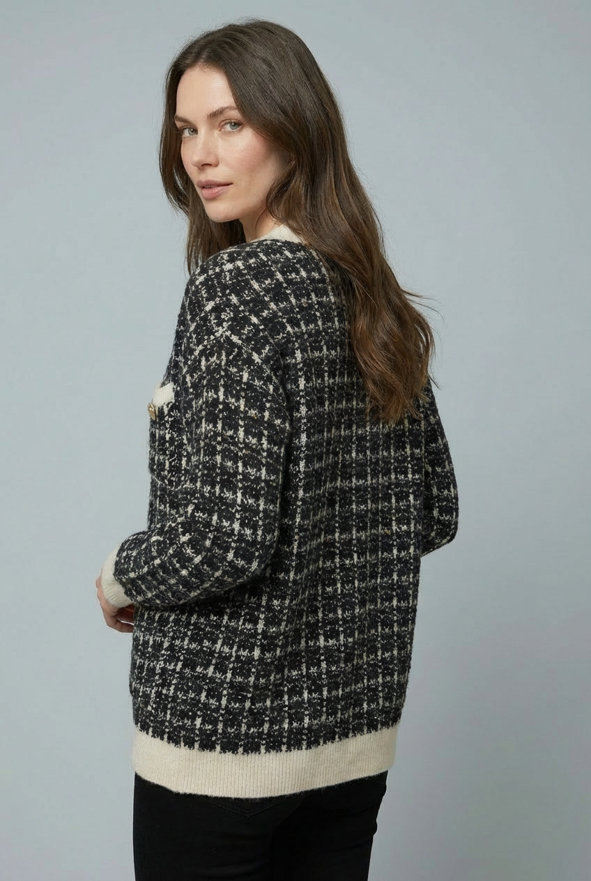 Chic women's v-neck tweed cardigan featuring luxurious gold buttons; ideal for versatile autumn style.