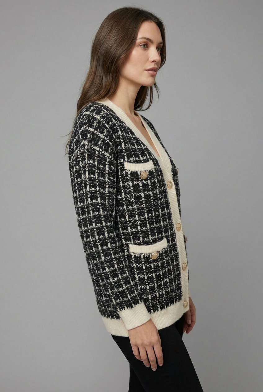 Textured tweed women's cardigan with elegant gold button details, a versatile and warm knitwear piece.