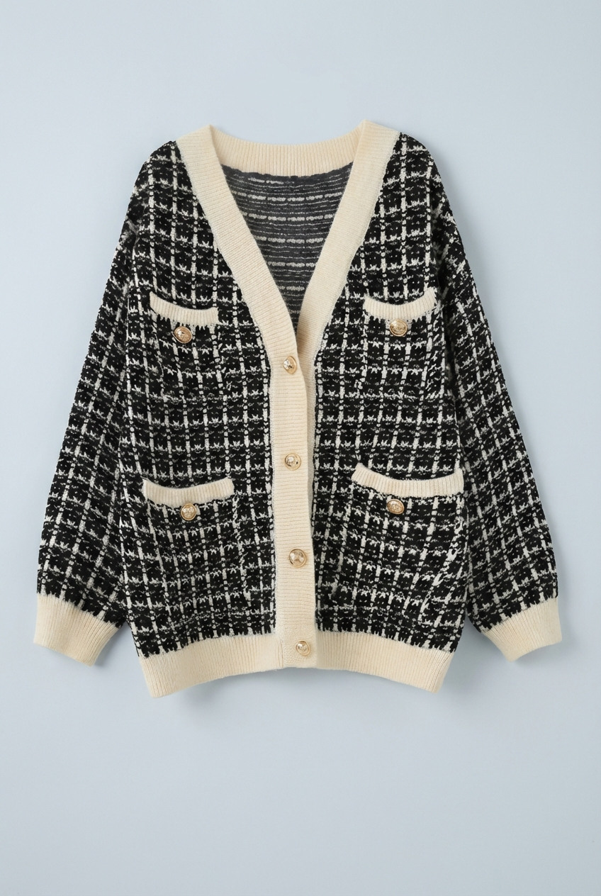 Stylish women's tweed sweater cardigan, complete with eye-catching gold buttons & comfortable v-neck.