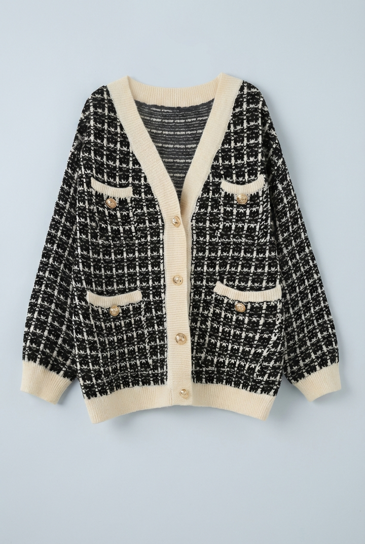 Stylish women's tweed sweater cardigan, complete with eye-catching gold buttons & comfortable v-neck.