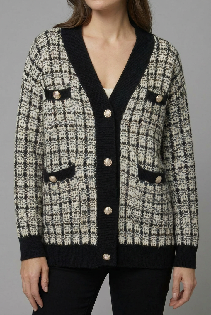Autumn fashion: Women's elegant tweed cardigan, v-neck design, & sophisticated gold button accents.