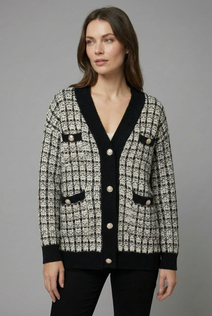 Versatile women's tweed cardigan with gold buttons, an elegant layering sweater for any occasion.