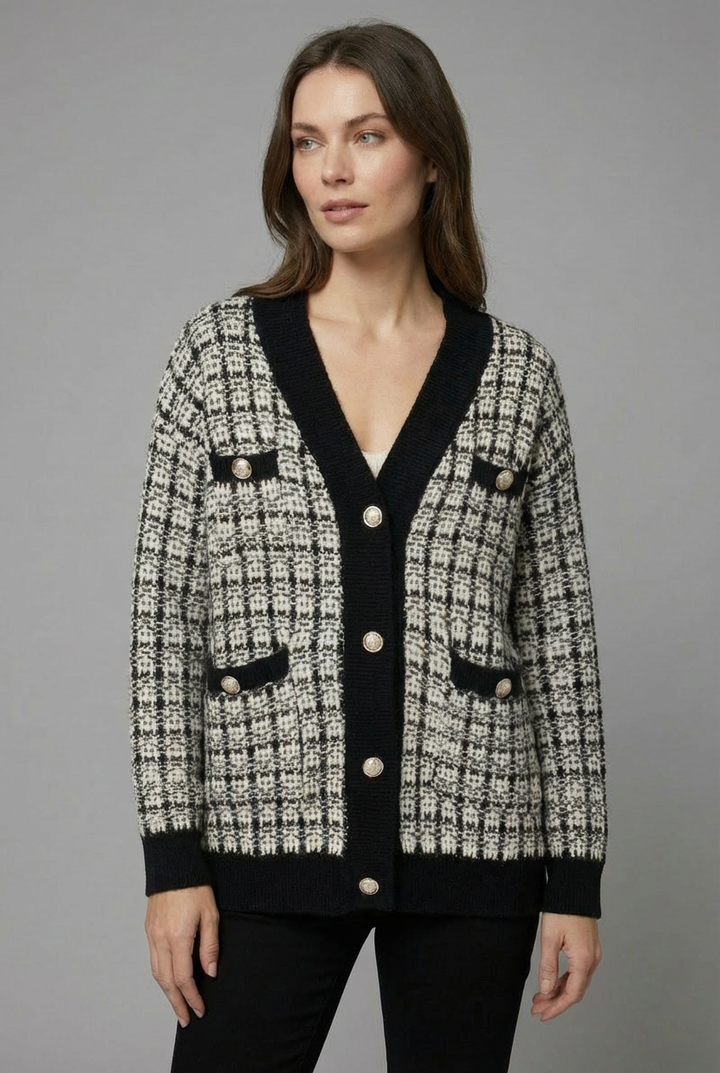 Versatile women's tweed cardigan with gold buttons, an elegant layering sweater for any occasion.
