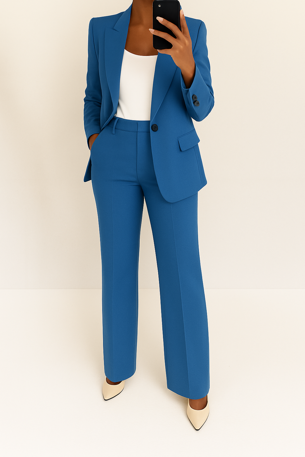 Elegant women's two-piece blazer and straight leg trousers suit set for professional office attire.