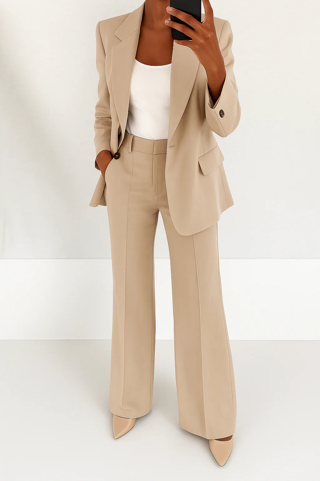 Stylish women's two-piece suit set with a sleek blazer and straight-leg trousers for a polished look.