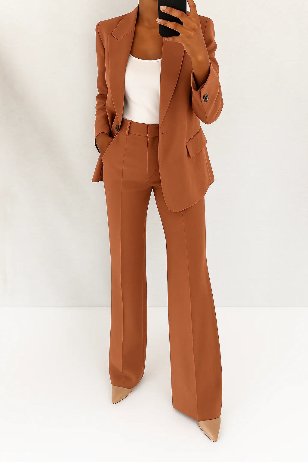 Professional women's blazer and trousers suit, perfect for office wear, meetings, or elegant events.